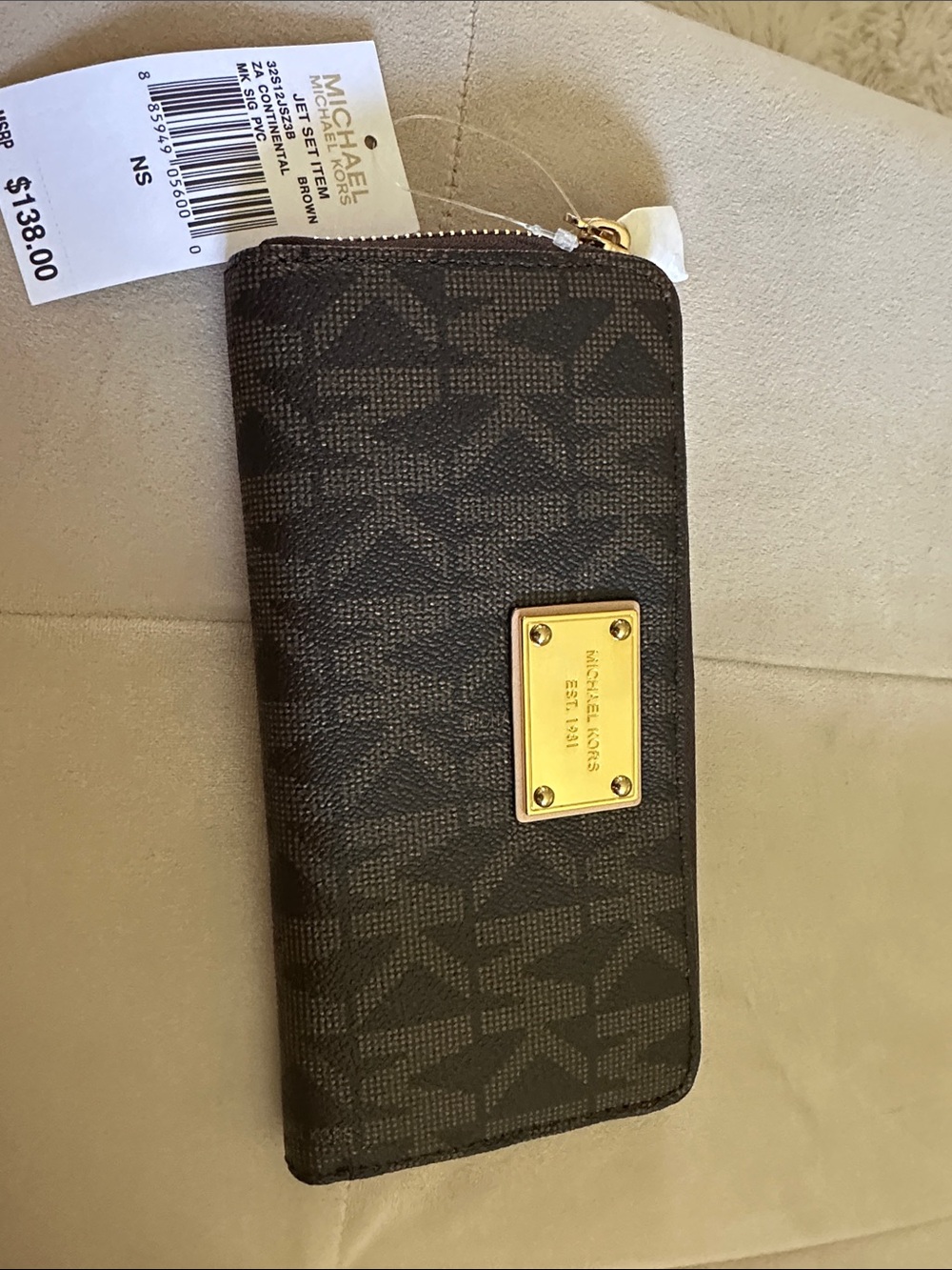 Michael Kors Dark Brown Signature Zip Card Holder with Gold Plate